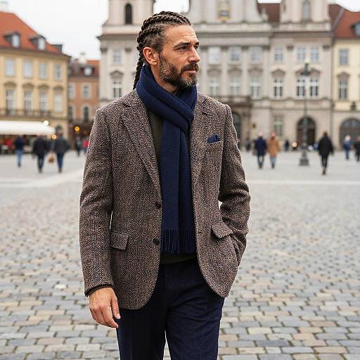 Middle-aged Man with Five-Strand Braid in European Plaza