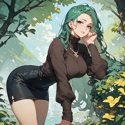 Green-Haired Anime Girl Bent Forward Smile