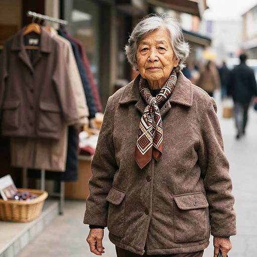 Elderly Woman in Brown Jacket and Scarf