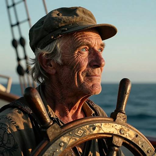 Photograph of an elderly Caucasian man with weathered skin, white hair, and blue eyes, wearing a camouflage cap and naval uniform, gripping a ship