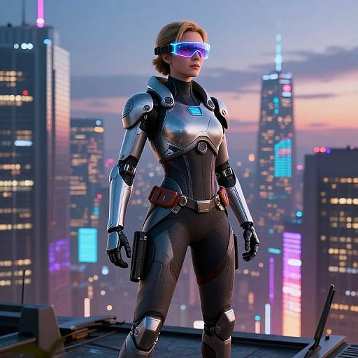 Cybernetic Warrior on Dystopian Skyscraper