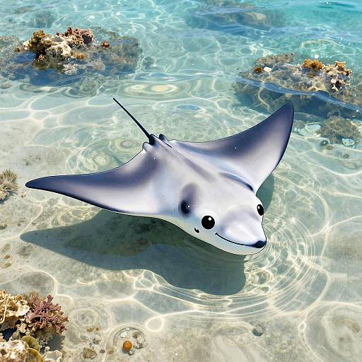 Joyful Cartoon Manta Ray at Shallow Bay