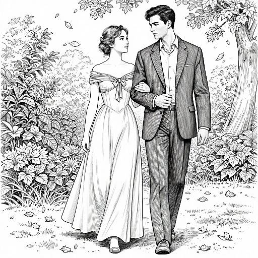 Black-and-white ink drawing of a couple walking hand-in-hand in a lush garden. Man in suit, woman in off-shoulder dress.