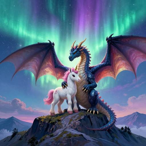 Digital artwork of a blue dragon with purple wings and a white unicorn standing on a mountain under a vibrant aurora borealis.