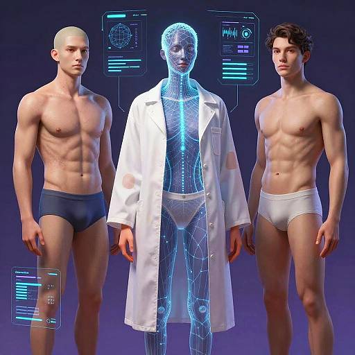 CGI image of two muscular, bald and brunette men in briefs, flanking a blue wireframe figure in a white lab coat.