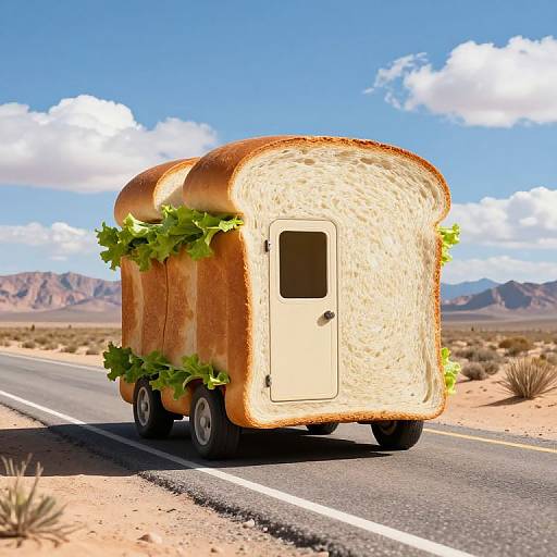 Photorealistic CGI of a toasted sandwich RV with lettuce, driving on a desert road with mountains and blue sky.