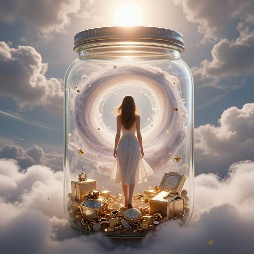 Photograph-style digital art: Woman in white dress stands inside a glowing, sunlit glass jar filled with gold jewelry and trinkets, surrounded by