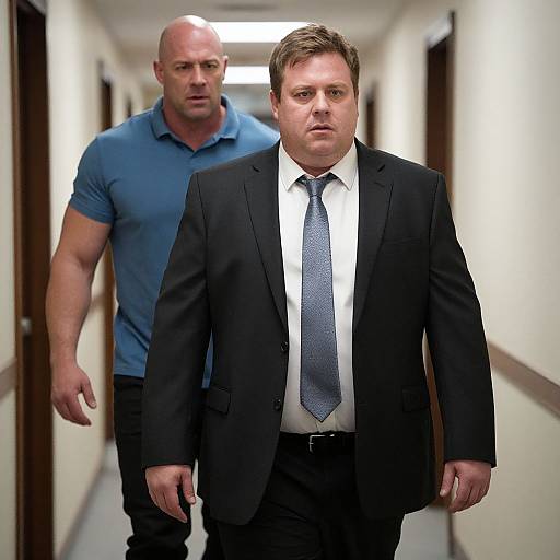 Photograph of a serious-looking man in a black suit and blue tie, followed by a muscular bald man in a blue shirt, walking down a brightly
