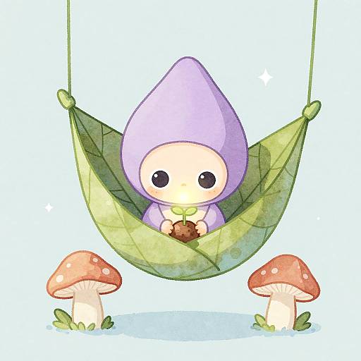 Whimsical Alien in Leaf Hammock with Glowing Seedling