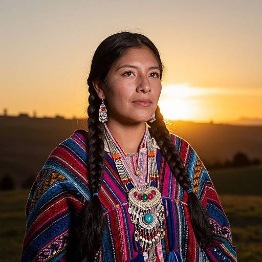 Photograph of a young Indigenous woman with long braided hair, wearing colorful striped traditional attire and elaborate jewelry, against a sunset backdrop.