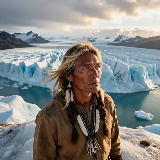 Photograph of a Native American woman with blonde hair, wearing traditional brown leather attire and beaded necklace, standing in front of massive glaciers under a cloudy