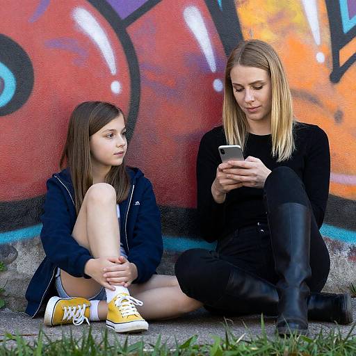 Young girl and woman sitting by graffiti wall