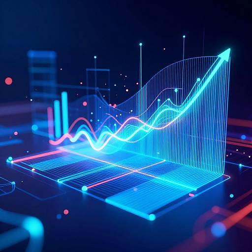 Neon blue and red graph with wavy lines on a dark, futuristic digital background, featuring glowing grid lines and dots.