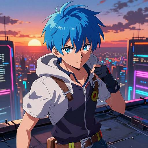 Anime-style digital artwork of a blue-haired, determined young man with bright blue eyes, wearing a white hoodie and black shirt, standing on a rooftop at