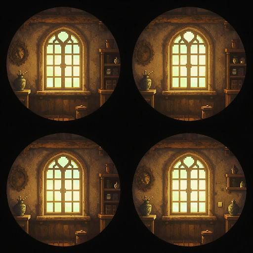 Photograph of four circular views of a warmly lit, arched window with glowing yellow glass panes in a rustic, wooden-paneled room. V