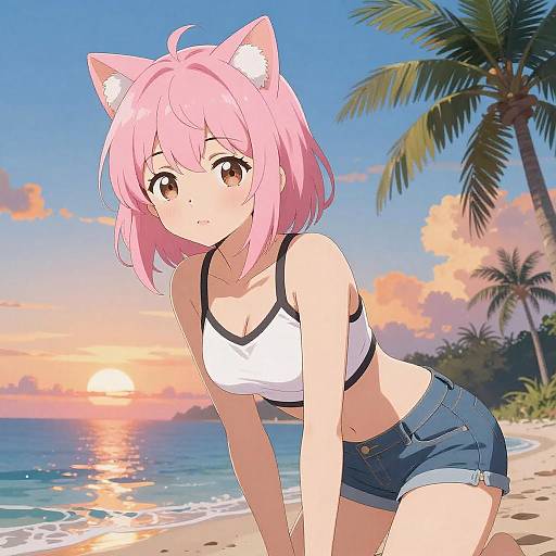 Anime Girl with Cat Ears at Beach Sunset
