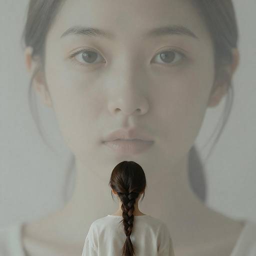 Woman with braid facing giant face backdrop