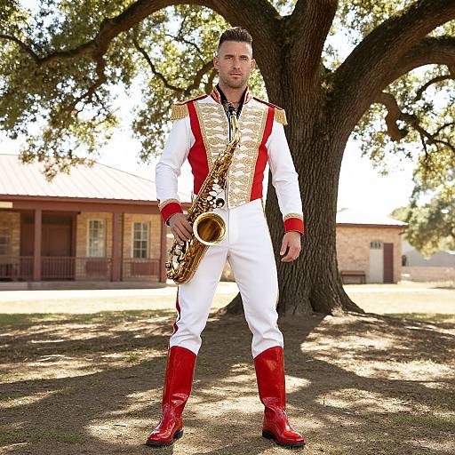 Photograph of a man in white and gold military-style uniform with red accents, holding a saxophone, standing under a large tree, with a sun