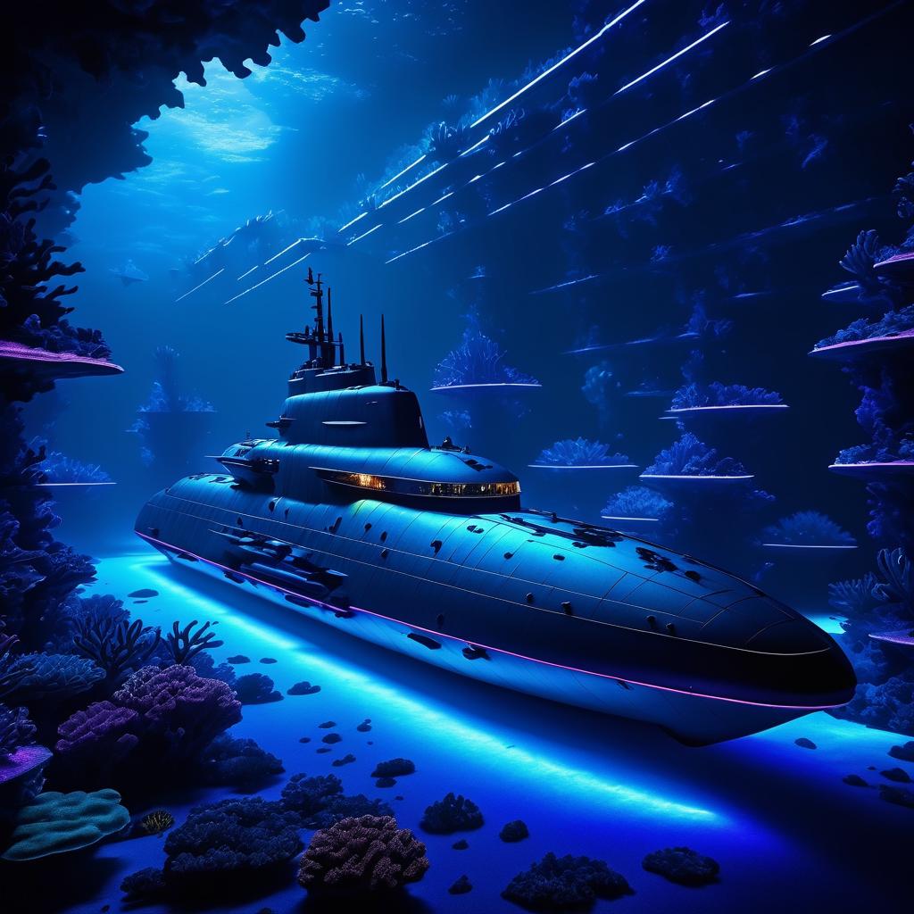 Neon Illuminated Submarine in Cavern