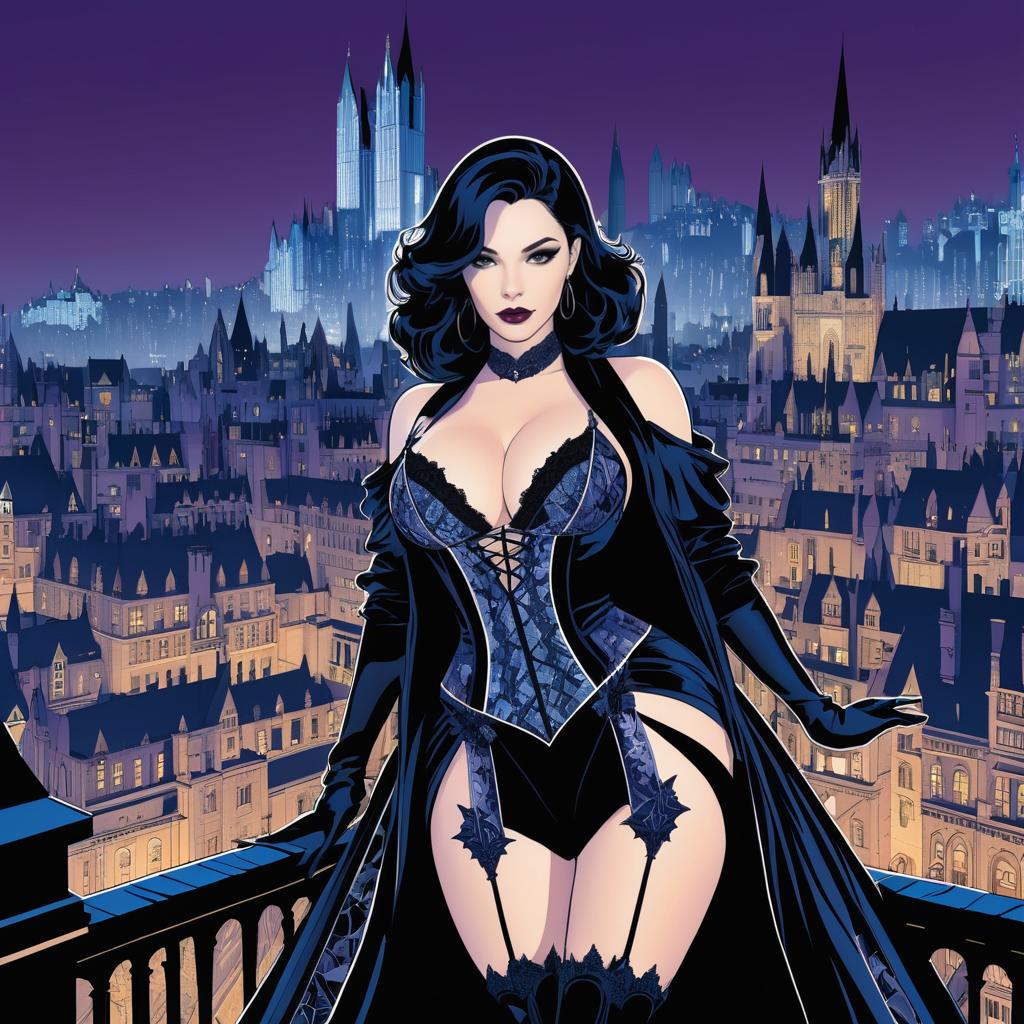 Gothic Female Character in Comic Cityscape