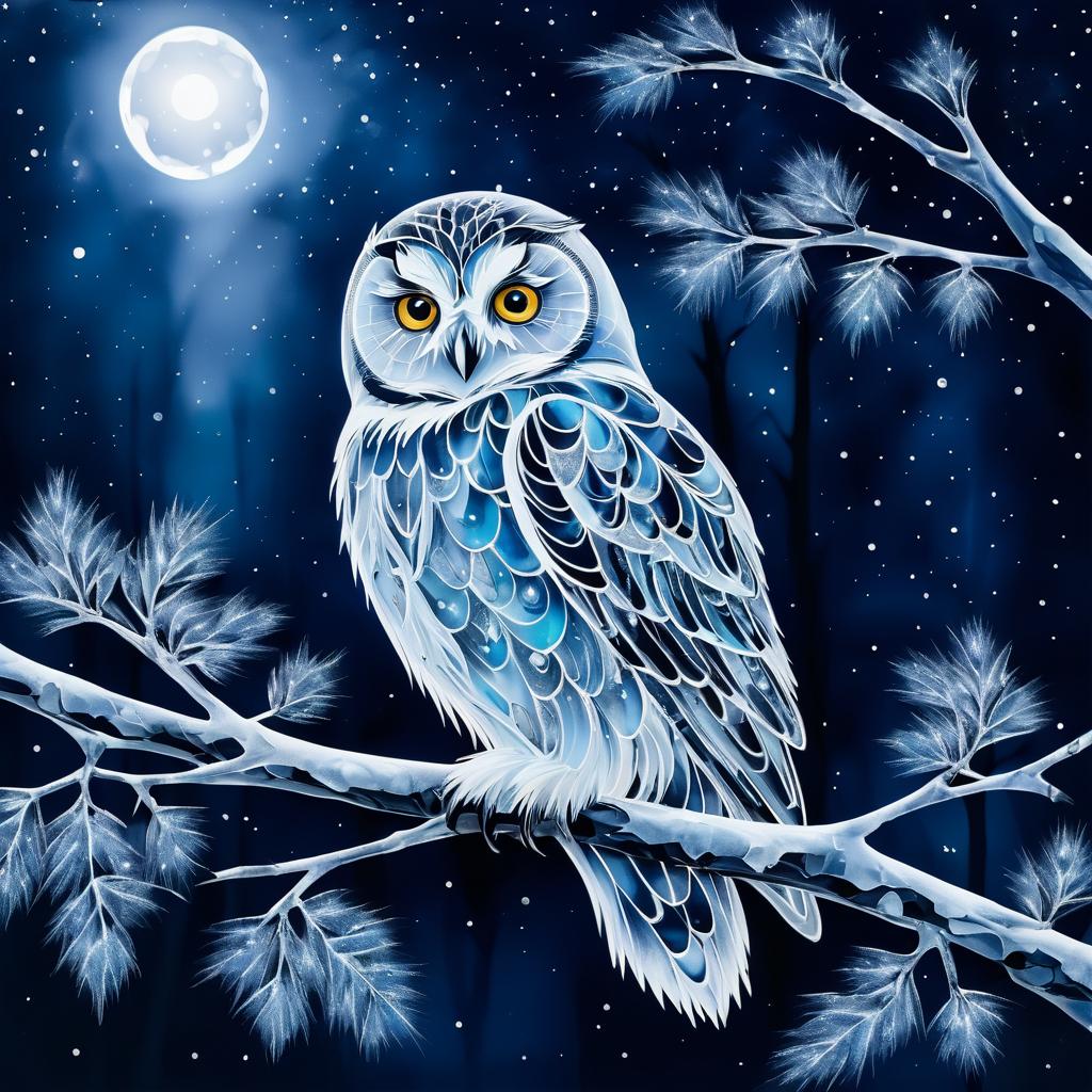 Frosty Owl in Moonlit Ice Art