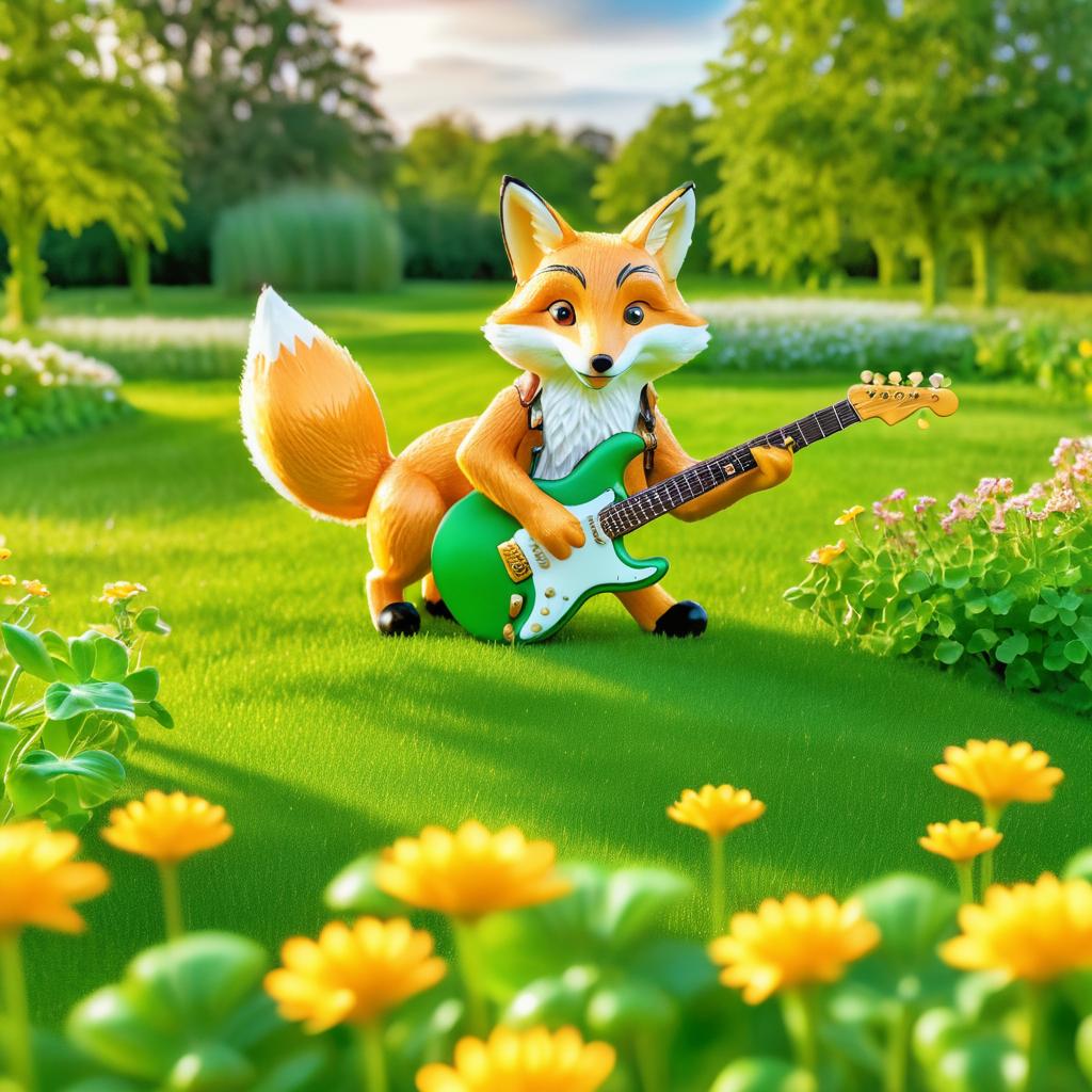 Curious Fox Playing Golden Guitar in Clover