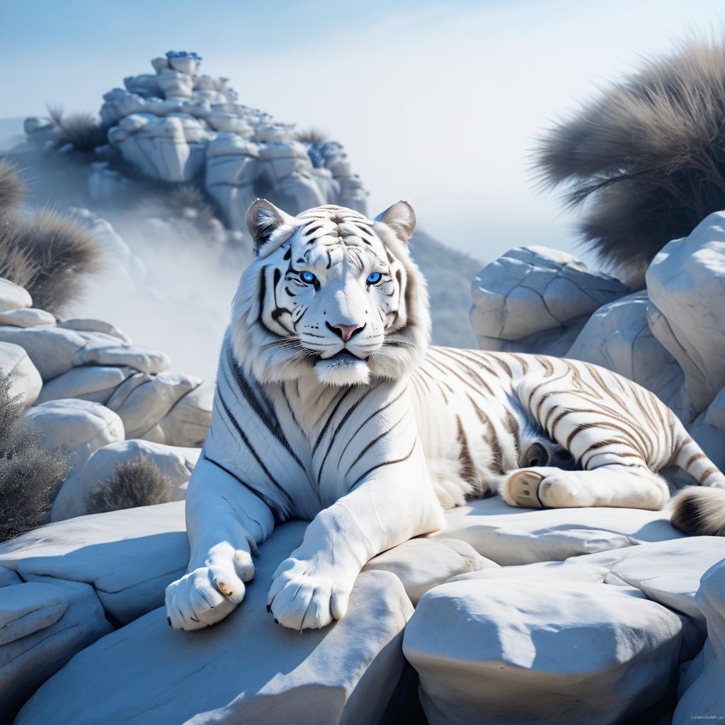 Majestic White Tiger in Surreal Landscape