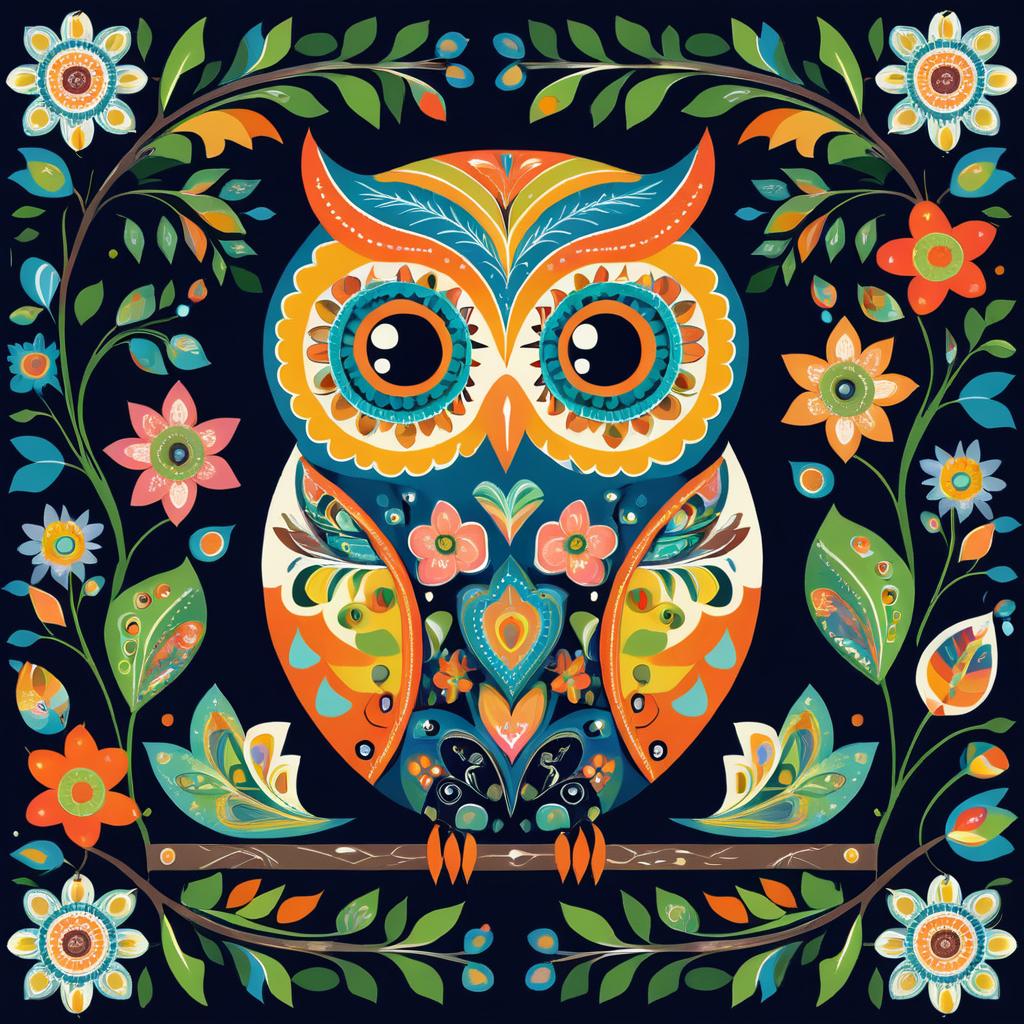 Charming Whimsical Folk Art Owl Illustration