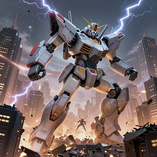CGI image of a white and silver robotic mecha with red and yellow accents, standing amidst a cityscape under a lightning-filled sky, destroying buildings