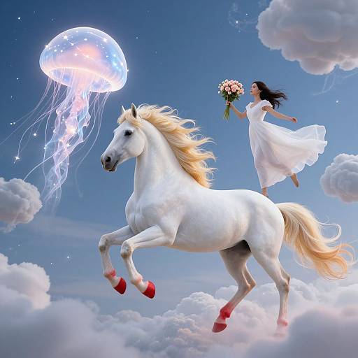 Dreamy digital art: white horse with red hooves, flying woman in white dress holding rose bouquet, next to glowing jellyfish in cloudy sky.