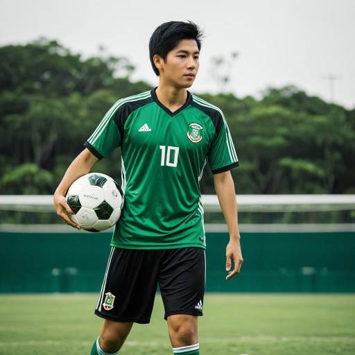 Asian Male Soccer Player in Green Jersey Holding Ball