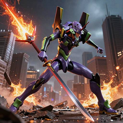 Futuristic Mecha Warrior with Energy Spear in Battle