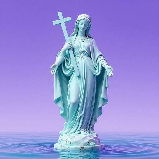 Digital artwork of a blue-toned, marble-like statue of a serene, robed woman holding a cross, standing on water with ripples.