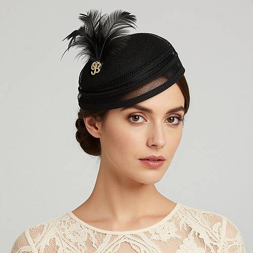 Photograph of a fair-skinned woman with dark brown hair, wearing a black netted hat with a black feather and monogram, and a sheer