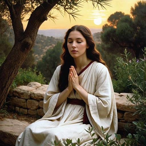 Woman Praying in Garden at Sunrise