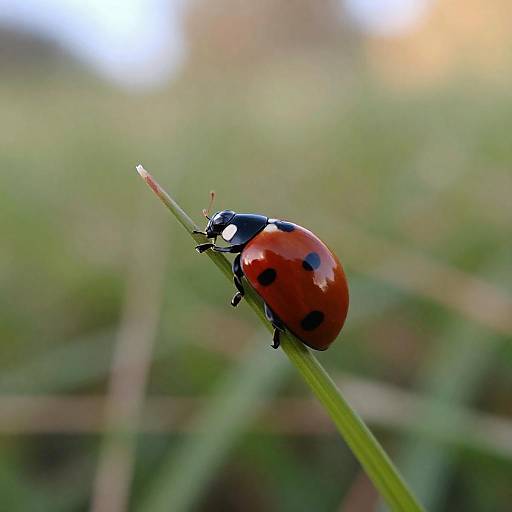 Sunlit Red Ladybug on Grass Blade