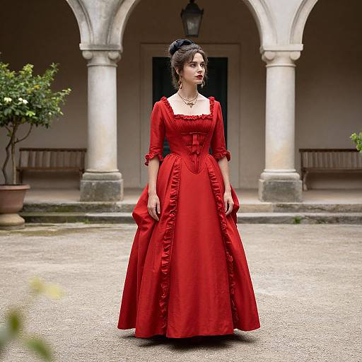 Photograph of a fair-skinned woman with dark hair in an elegant red Victorian gown, standing in a stone courtyard with arched columns and potted