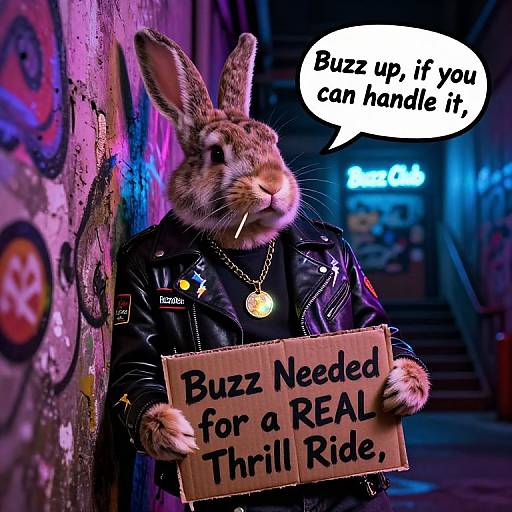 Photograph of an anthropomorphic rabbit in a black leather jacket and gold necklace, holding a 