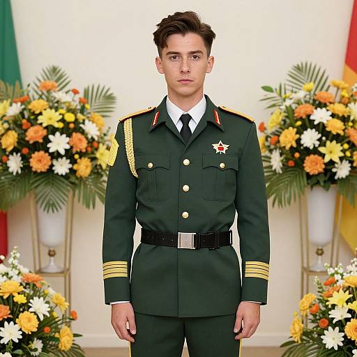 Photograph of a young man in a formal dark green military uniform with yellow stripes, standing in front of floral arrangements.