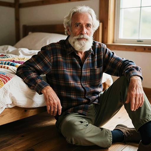 Photograph of an elderly white man with a white beard, wearing a blue plaid shirt and green pants, sitting on a wooden floor beside a bed