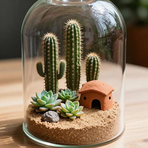 Photograph of a mini desert scene with three cacti, succulents, a small terracotta hut, and sandy soil in a glass