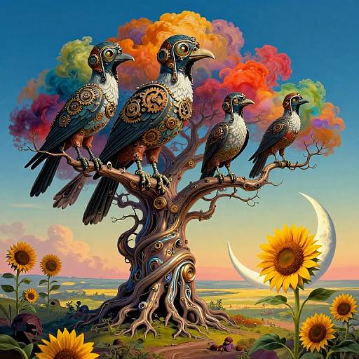 Digital art of three ornate, gear-decorated birds perched on a twisting, colorful tree against a sunset sky with a crescent moon and