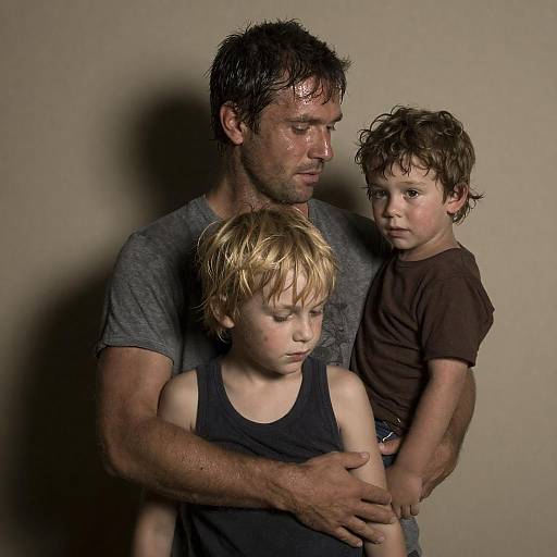 Sweaty Father Holding Two Young Sons