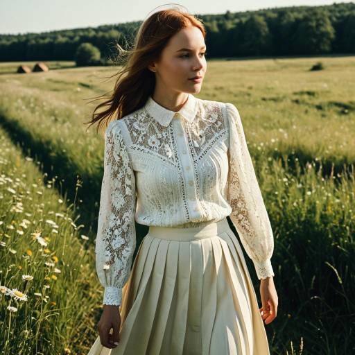 Woman in White Lace Blouse Walking in Countryside Meadow Woman in White Lace Blouse Walking in Countryside Meadow