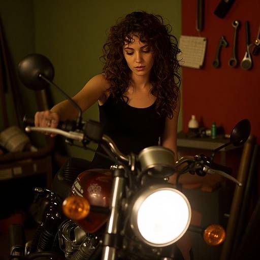 Contemplative Woman on Motorcycle in Workshop