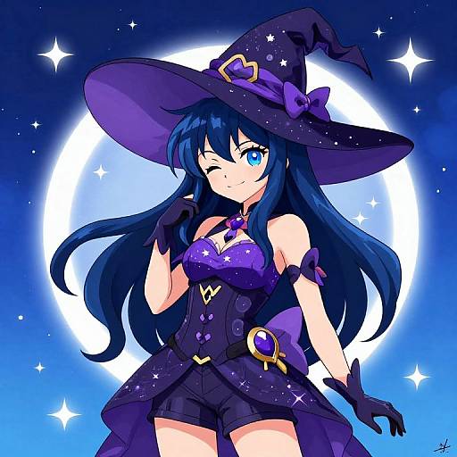 Anime-style digital drawing of a blue-haired witch with large hat, purple outfit, and star patterns, winking against a glowing full moon.