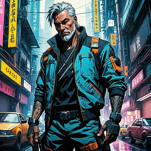 Aged Cybernetic Warrior in Cyberpunk City