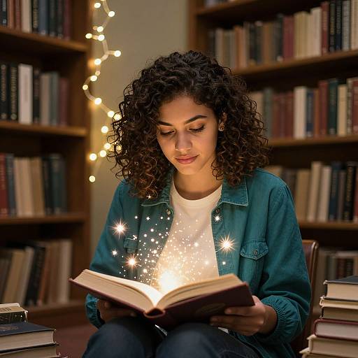Photograph of a curly-haired woman in a teal jacket, reading a glowing, star-sparked book in a cozy, lit library.
