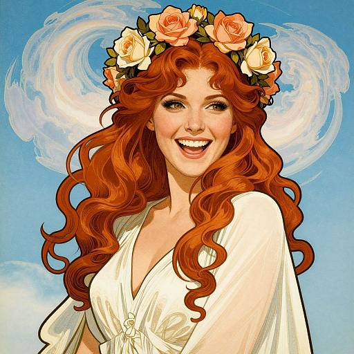 Digital illustration of a smiling red-haired woman with a flower crown, wearing a white dress, against a bright blue sky with swirling clouds.