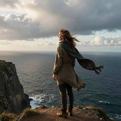Wind-Tousled Girl on Ocean Cliff